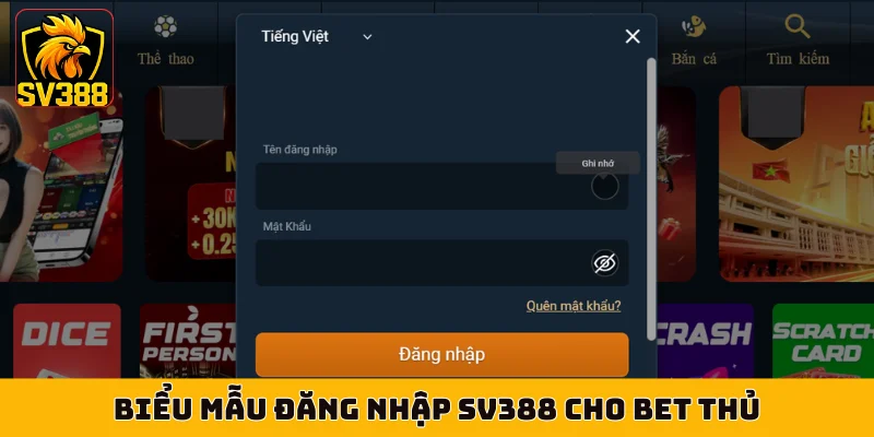Biểu mẫu đăng nhập SV388 cho bet thủ
